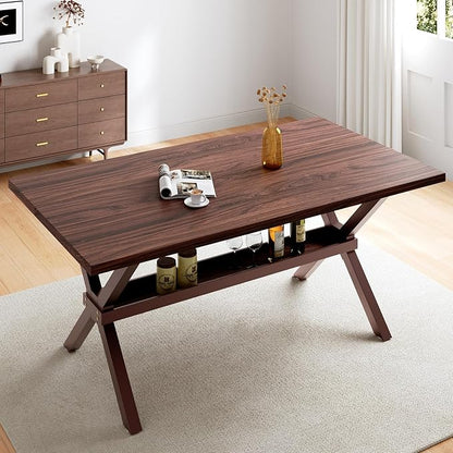 HIPIHOM 63" Modern Dining Room Table with Storage Shelves, MDF Kitchen Table with Scratch-Resistant Surface, Strong Metal Legs, Great for Apartments and Breakfast Nooks