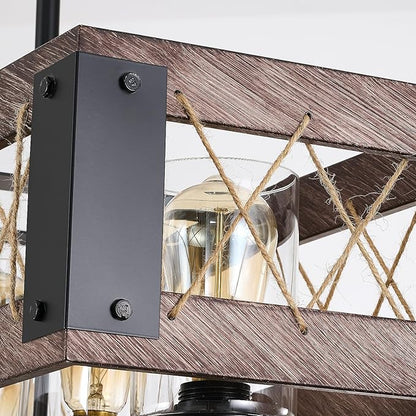 5-Light Farmhouse Chandelier for Dining Room, Rustic Wood Color Kitchen Island Lighting, Adjustable Height Chandelier for Kitchen