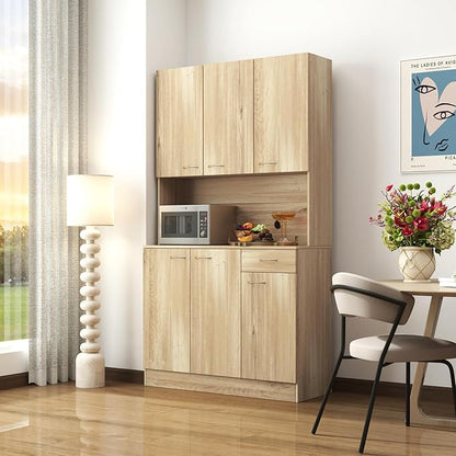 71" Tall Kitchen Pantry Cabinet,Sideboard Buffet Cabinet with 6 Doors and Shelves,Kitchen Island with Microwave Stand,Kitchen Hutch Storage Cabinet with 1 Drawer for Kitchen,Kitchen Cabinet (Oak)