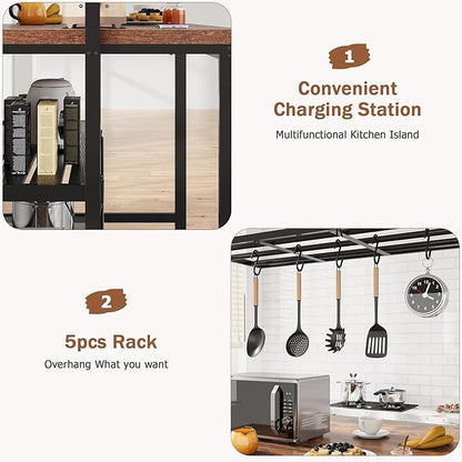 GarveeHome Kitchen Island with Storage, 42''Island Table for Kitchen with Seating Bakers Rack Microwave Oven Stand Shelf with 3 Tier Storage Shelf for Dining Room Living Room, 5 Hooks 42"*28"*72"