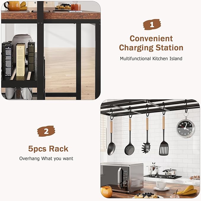 CABIHOME 42" Kitchen Island with Storage & Seating - 3-Tier Bakers Rack, Microwave Stand, Dining Table for 4, 5 Hooks & 50lb Capacity, Multi-Functional Island for Small Kitchens (Brown)