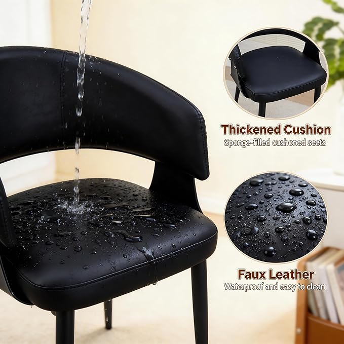 Atoll Modern Accent Dining Chairs Set of 4 with Upholstered PU Leather Seat & Curved Back, Metal Legs, Mid-Century Kitchen Chair for Dining Room, Living Room or Office (4, Black)