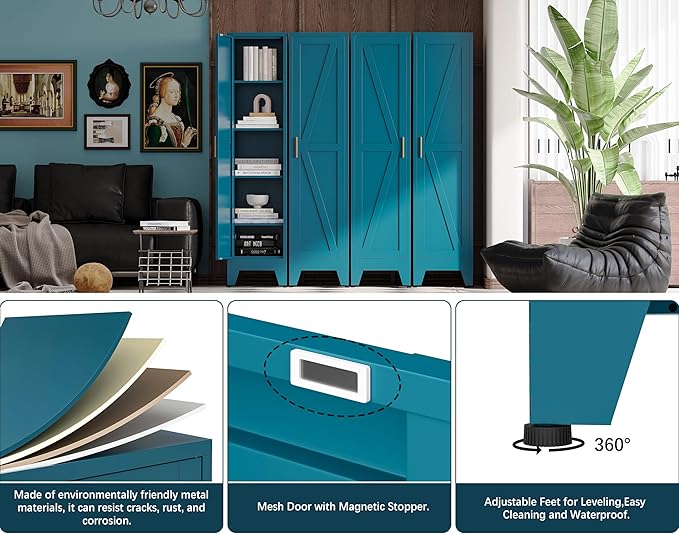 67“H Blue Narrow Kitchen Cabinet, Metal Skinny Pantry Storage Cabinet,Tall Narrow Bathroom Storage Cabinet with Adjustable Shelves,Slim and Thin Pantry Cabinets for Living Room Dining Room