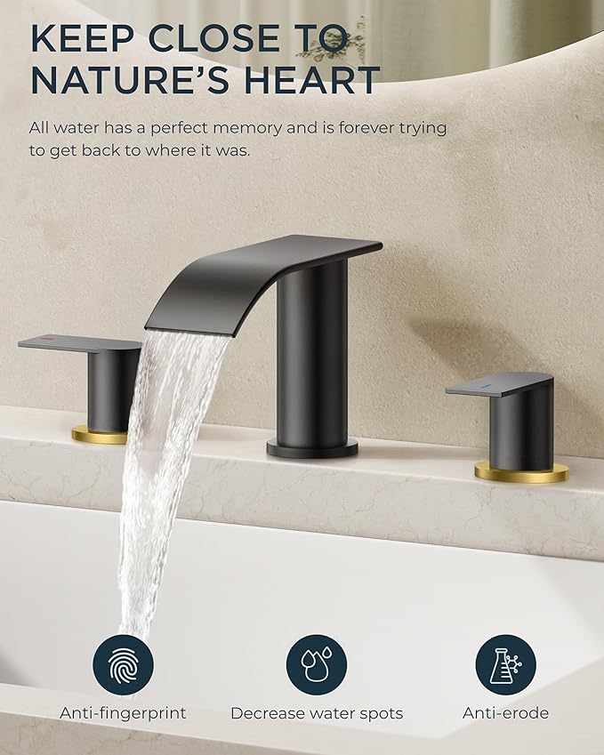 FORIOUS Bathroom Faucets, Waterfall Bathroom Sink Faucet with Metal Pop up Drain and cUPC Hose for Basin, Vanity, RV, Pedestal 2 or 3 Hole Sink, 8 Inch Widespread, Black and Gold