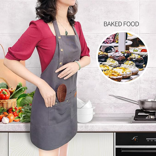 Apron for Men Women with Adjustable Straps and Large Pockets, Canvas Cotton Cooking Kitchen Chef Bib Aprons Waterproof Grey
