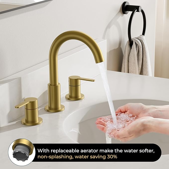 QFN Bathroom Faucets 3 Hole Brushed Gold, 8 Inch Widespread Vanity Sink Faucet with Aerator, 2 Handle 360° Swivel High Arc Spout, Spot-Free Finish, cUPC NSF Certified and CEC & DOE Compliant
