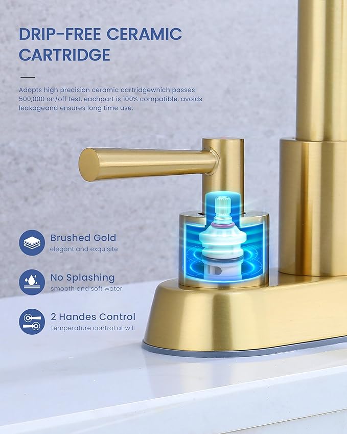 Bathroom Faucet with Pull Out Sprayer, Brushed Gold Bathroom Faucet 3 Holes, 2 Handle Bathroom Sink Faucet with 360 Degree Swivel Spout, Pop Up Drain Assembly Included
