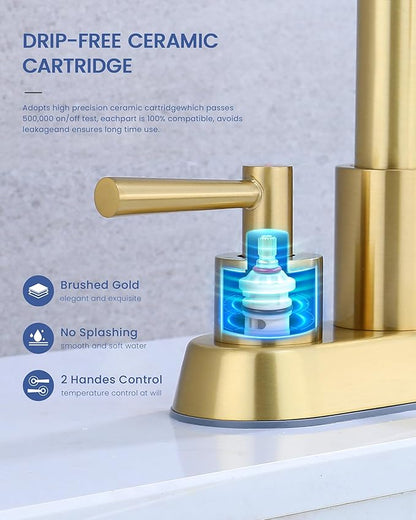 Bathroom Faucet with Pull Out Sprayer, Brushed Gold Bathroom Faucet 3 Holes, 2 Handle Bathroom Sink Faucet with 360 Degree Swivel Spout, Pop Up Drain Assembly Included