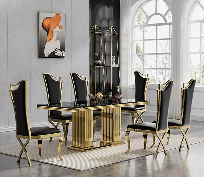 Henf Black Dining Table for 4 6, 68" Marble Dining Room Table with Gold Stainless Steel Double Pillar Base, Modern Kitchen & Dining Room Tables Rectangle Faux Marble Dinner Table for 4 6