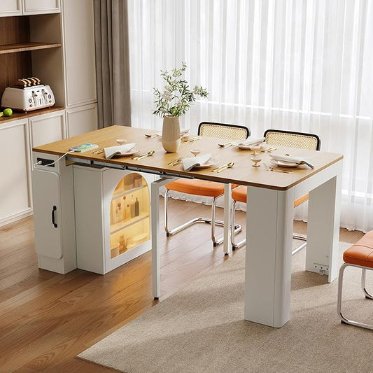 Extendable Dining Table with 3 Removable Middle Leaves,Mobile Rolling Island Table with Power Outlet,for Dining Room Living Room (Cream White,Natural#1)