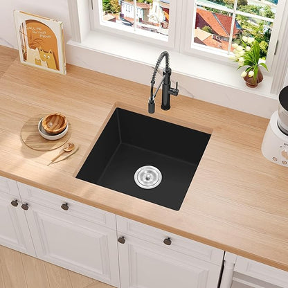 Rhbamoa Black Bar Sink Granite Composite,Black Kitchen Sink Undermount,18 inch Bar Prep RV Sinks, 18''x18'' Small Single Bowl Quartz Kitchen Sinks with Accessories