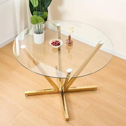Round Dining Table for 4 6 People, 45.3" Modern Glass Kitchen Table, Circle Gold Dinner Table with 0.32" Thick Tempered Glass Top and Metal Legs, Glass Dining Room Furniture for Kitchen Living Room
