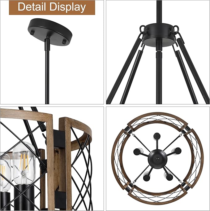 Sigaitwei 5-Light Farmhouse Chandelier Brown Rustic Chandelier for Dining Room Wood Texture Adjustable Pendant Light,Drum Chandelier for Kitchen Island Entryway Bedroom Hallway,18.9'',E26.