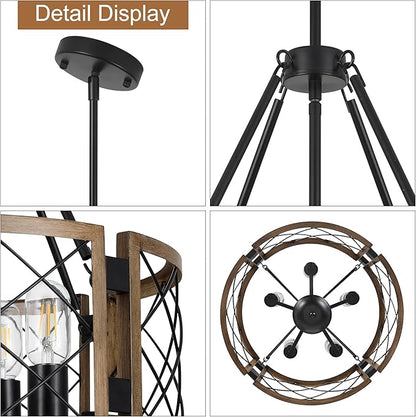 Sigaitwei 5-Light Farmhouse Chandelier Brown Rustic Chandelier for Dining Room Wood Texture Adjustable Pendant Light,Drum Chandelier for Kitchen Island Entryway Bedroom Hallway,18.9'',E26.