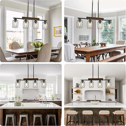 4-Light Dining Room Light Fixture/Chandelier Over Table, Island Lighting Hanging for Farmhouse Linear Chandeliers Matte Black Rustic Wood Ceiling Pendant Light Fixtures, with Clear Glass Shade