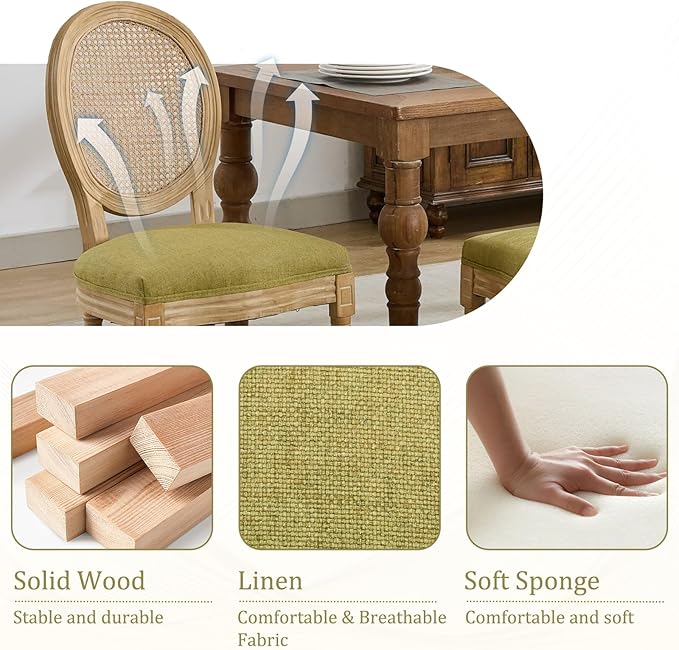 Linen Wooden Dining Chair Set of 4, Upholstered Farmhouse Dining Chair with Solid Wood Frame, Kitchen & Dining Room Chairs for Living Room, Restaurant, Bedroom (Green-Rattan, Set of 4)