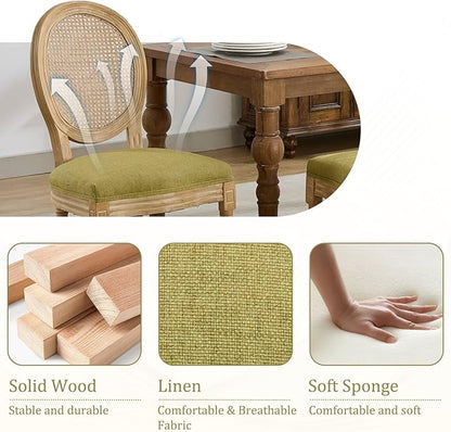 Linen Wooden Dining Chair Set of 6, Upholstered Farmhouse Dining Chair with Solid Wood Frame, Kitchen & Dining Room Chairs for Living Room, Restaurant, Bedroom (Green-Rattan, Set of 6)