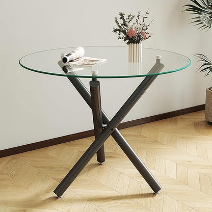 36" Round Glass Dining Table for 4, Modern Dining Room Table with Black Metal Cross Legs, Adjustable Foot Pads, Tempered Glass Top Kitchen Dinner Tables for Kitchen Dining Room Small Apartment
