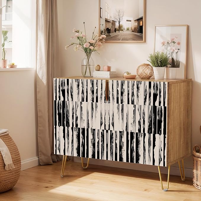 SIGNWIN Sideboard Buffet Cabinet, Kitchen Storage Cabinet with 2 Doors, Black & Gray Grunge Line Patterns, Cupboard Console Table for Dining Room - 35" L x 18" W x 29" H