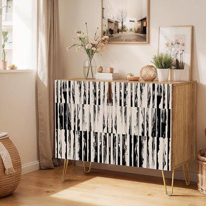 SIGNWIN Sideboard Buffet Cabinet, Kitchen Storage Cabinet with 2 Doors, Black & Gray Grunge Line Patterns, Cupboard Console Table for Dining Room - 35" L x 18" W x 29" H
