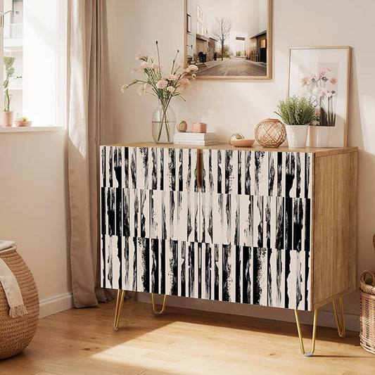 SIGNWIN Sideboard Buffet Cabinet, Kitchen Storage Cabinet with 2 Doors, Black & Gray Grunge Line Patterns, Cupboard Console Table for Dining Room - 35" L x 18" W x 29" H