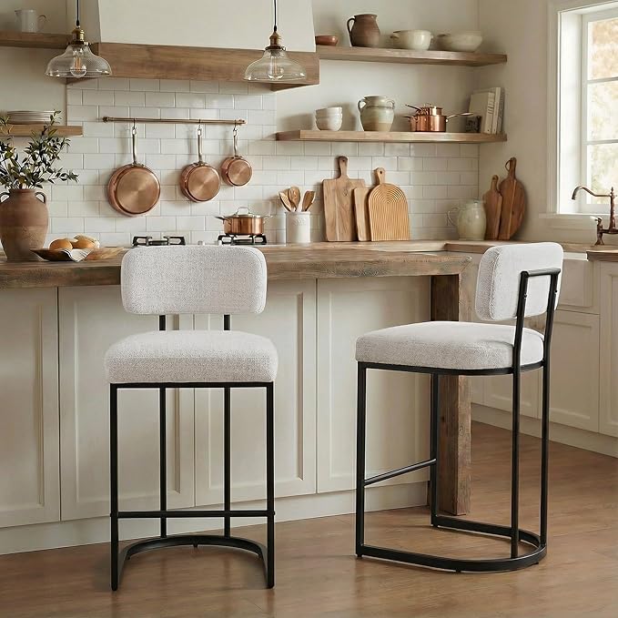 26" H Counter Height Bar Stools Set of 4, Modern Linen Fabric Upholstered Barstools with Backrest for Kitchen Island, Black Metal Frames, Wheat