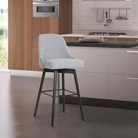 Armen Living Sicily Modern Farmhouse 26" Seat Height Swivel Black Wood Bar Stool for Kitchen Island Counter in Light Gray Fabric