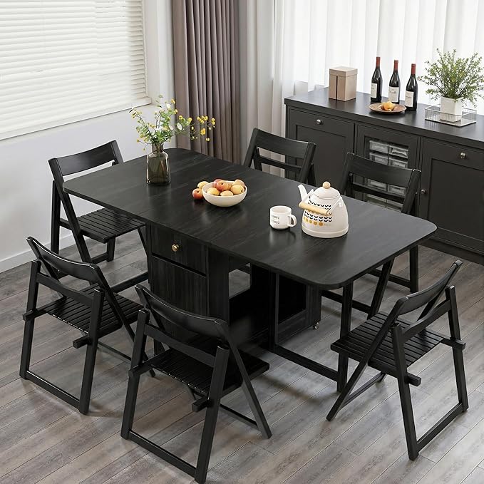 Folding Dining Table and Chairs - 51" Fully Assembled Drop Leaf Table 4-6 Seater with Storage and Lockable Wheels, Space-Saving Set with 8 Chairs for Kitchen or Dining Room (Black)