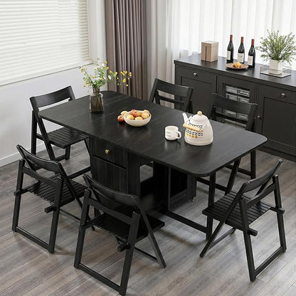 Folding Dining Table and Chairs - 51" Fully Assembled Drop Leaf Table 4-6 Seater with Storage and Lockable Wheels, Space-Saving Set with 6 Chairs for Kitchen or Dining Room (Black)