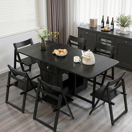 Folding Dining Table and Chairs - 51" Fully Assembled Drop Leaf Table 4-6 Seater with Storage and Lockable Wheels, Space-Saving Set with 6 Chairs for Kitchen or Dining Room (Black)