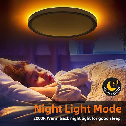 Hlite 12 Inch Flush Mount LED Ceiling Light with Night Light, 24W, 2400lm, Selectable 3000K/4000K/5000K, Flat Lights for Bedroom, Kitchen, White (2Pack)