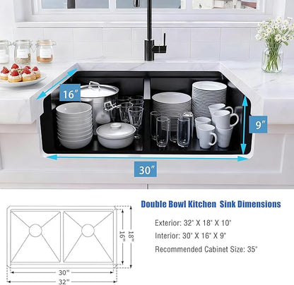 Black Undermount Kitchen Sink 32 x 18 Inch, 50/50 Double Bowl Kitchen Sinks, 16 Gauge Stainless Steel Workstation Sink with Ledge & Accessories, 32" x 18" x 10" Large and Deep Double Sink
