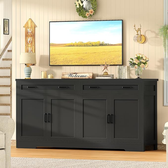 TEENFON 63” Buffet Cabinet with Storage and 2 Drawers, Large Sideboard Cabinet with Adjustable Shelves and 4 Doors, Coffee Bar, Buffet Table for Kitchen, Dining Room, Black