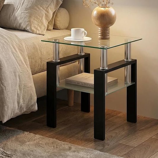 IANIYA Modern Glass Side Table, 2-Tier End Table with Tempered Glass Top & Metal Legs, Night Stand Corner Small Table for Living Room, Bedroom, Small Space