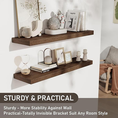Fun Memories 36 Inch Floating Shelves, Wall Shelves Set of 2 for Bathroom/Living Room/Bedroom/Kitchen, Wall Mounted Floating Shelf for Home Decor with Invisible Brackets, Walnut
