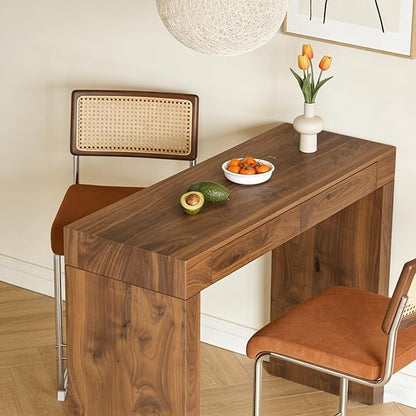 Counter Height Dining Set with Rattan Back Stools,Bar Table with 2 Drawers,Upholstered Kitchen Island Chairs,Chrome Cantilever Frame,Modern Furniture for Dining Room (Walnut Table,2 Coffee Chairs)