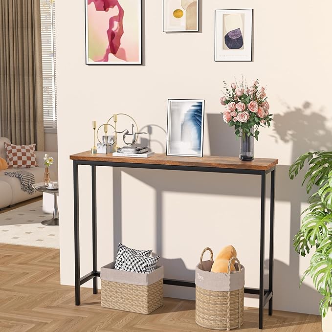 VASMIA Console Table, Entryway Table, Narrow Sofa Table, 39" Hallway Table for Entryway, Living Room, Bedroom, Foyer, Rustic Brown and Black