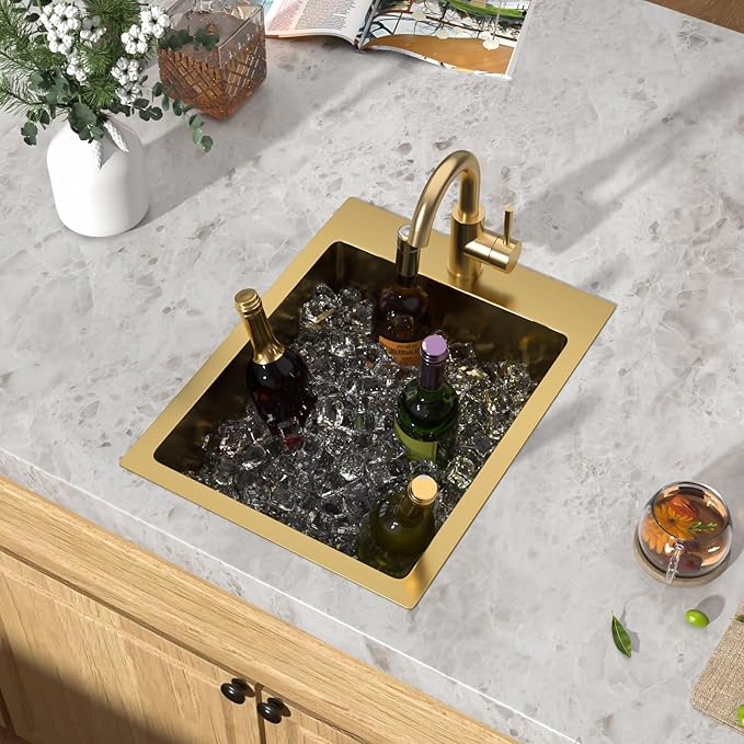 15 x 20 Inch Gold Drop In Bar Sink with Faucet, 16 Gauge 304 Stainless Steel Single Bowl Sink with Gold Finish for Kitchen Bars, RV, and Boat #TLT-0031