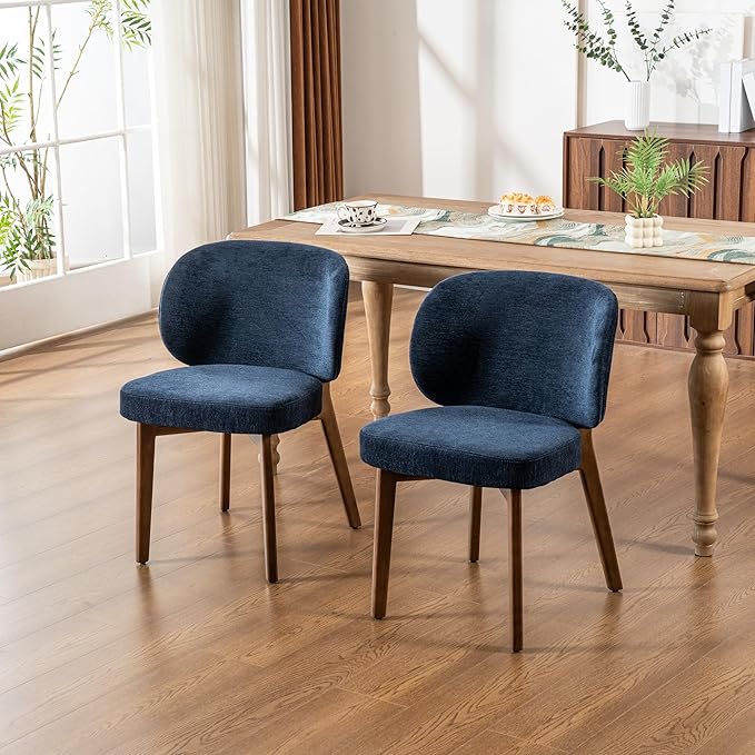 YOUNIKE Dining Chairs Set of 2 Mid Century Modern Kitchen Chair with Back Boucle Fabric Upholstered Armless Chair 20" Wide Padded Seat with Wooden Legs for Kitchen Dining Living Room Bedroom Navy Blue