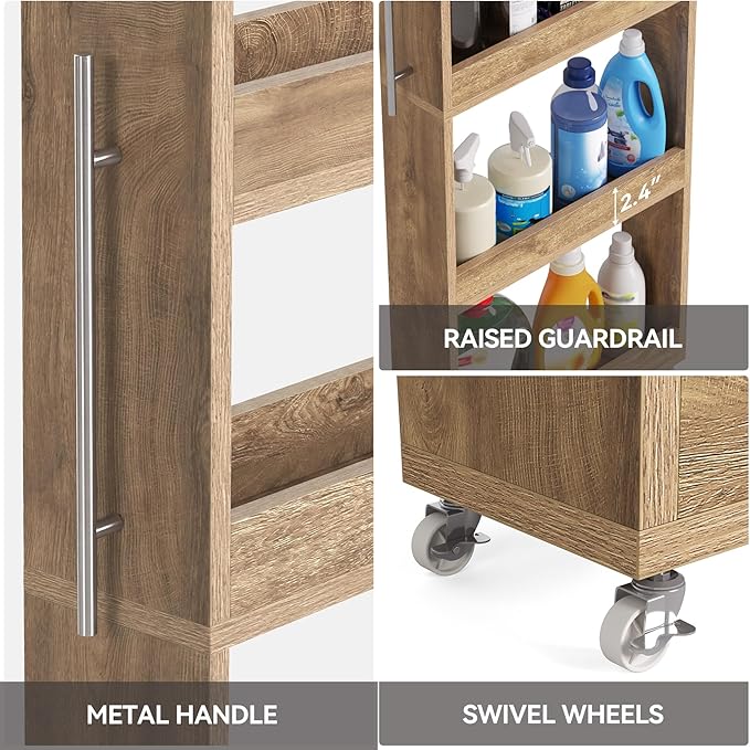 LITTLE TREE 63-Inch Slim Storage Cart on Wheels, 5-Tier Tall Narrow Mobile Shelf Organizer, Rolling Utility Cart with Metal Handle for Kitchen, Dining Room, Small Spaces, Brown