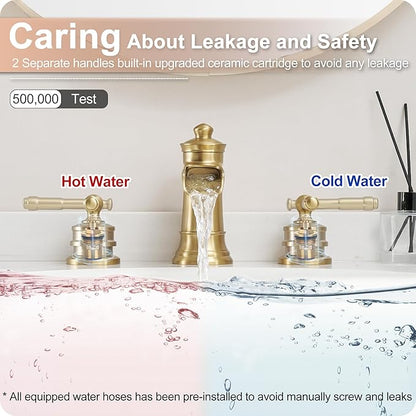Gold Bathroom Faucet Waterfall, Brass 4-16 Inch Bathroom Faucets 3 Hole, Widespread 2 Handles with Pre-installed Water Hose & Pop-Up Drain for Vintage Vanity Washroom, 10 Mins Quick Installation