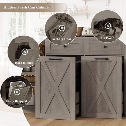 HOSTACK 71" H Kitchen Trash Can Cabinet, 12.5 Gallon Double Pull Out Garbage Can Hutch Cabinet with Trash Bin Storage Holders, 47" Wide Kitchen Pantry with Hidden Garbage Storage, Ash Grey
