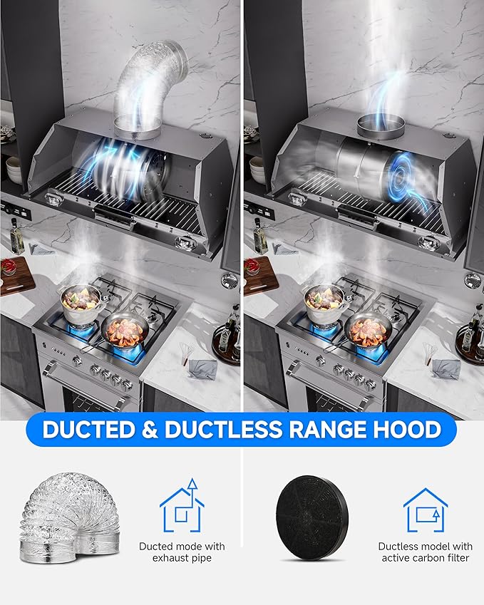 AMZCHEF Range Hood Insert 30 Inch, 1000 CFM Stainless Steel Built-in Kitchen Vent Hood,3-Speed Exhaust Fan with Button, LED Lights,Baffle Filters & Charcoal Filters,Sliver Button