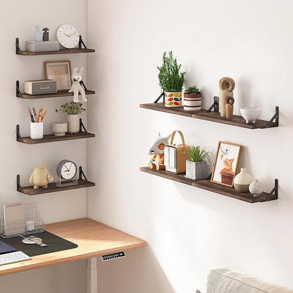 Fixwal Floating Shelves, Width 4.7in Rustic Wood Wall Shelves Set of 8, Wall Storage Shelves for Bedroom, Living Room, Kitchen, Bathroom, Office and Plants (Dark Carbonized Black)