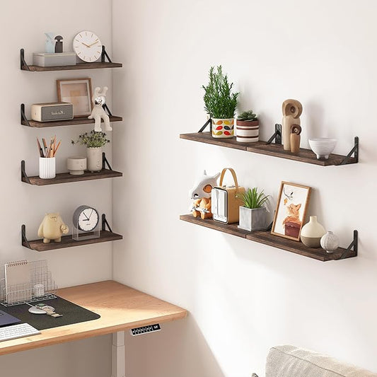 Fixwal Floating Shelves, Width 4.7in Rustic Wood Wall Shelves Set of 8, Wall Storage Shelves for Bedroom, Living Room, Kitchen, Bathroom, Office and Plants (Dark Carbonized Black)