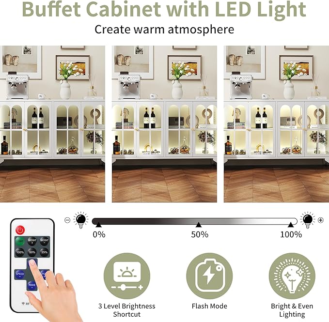 Foreate Sideboard Buffet Cabinet with Glass Door & LED Light, 53.2" Large Buffet Cabinet with Storage & Adjustable Shelf, Farmhouse Sideboard Credenzas Metal Kitchen Buffet, White