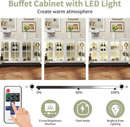 Foreate Sideboard Buffet Cabinet with Glass Door & LED Light, 53.2" Large Buffet Cabinet with Storage & Adjustable Shelf, Farmhouse Sideboard Credenzas Metal Kitchen Buffet, White