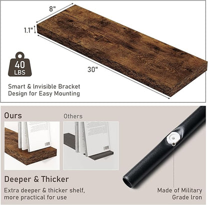 Floating Shelves for Wall - 2 Pack 30 Inch Long Rustic Wooden Display Shelves - 8 Inch Deep Wall Mounted Storage Shelf with Invisible Heavy-Duty Brackets for Books, Bathroom, Kitchen - Rustic Brown