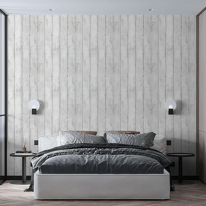 White Grey Wood Paper 17.71 in X 205 in Self-Adhesive Removable Peel and Stick Wallpaper Decorative Wall Covering Vintage Wood Panel Interior Film Surfaces