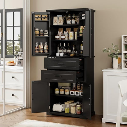 Merax 72.5" Tall Kitchen Pantry Storage Cabinet, Farmhouse Freestanding Large Cupboard with Two Drawers, Bathroom Cabinet with Adjustable Shelves, 6 Door-Shelf for Dining Room, Black